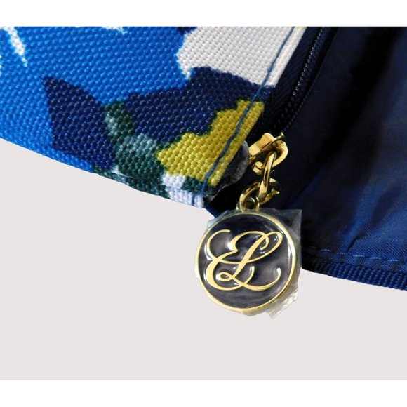 Estee Lauder Floral Print Large Cosmetic Bag Blue Green White Floral Zipper Snap - Picture 5 of 5